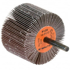 WALTER Surface Technologies - 2-1/2" Diam x 1-1/2" Face Width, Fine Aluminum Oxide Coated Mounted Flap Wheel - 1/4" Shank Mount, 120 Grit, Cloth Backing, 20,000 Max RPM - Americas Industrial Supply