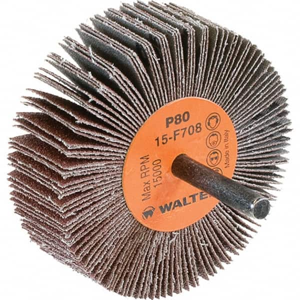 WALTER Surface Technologies - 3" Diam x 1" Face Width, Medium Aluminum Oxide Coated Mounted Flap Wheel - 1/4" Shank Mount, 80 Grit, Cloth Backing, 15,000 Max RPM - Americas Industrial Supply