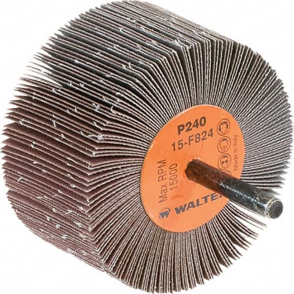 WALTER Surface Technologies - 3" Diam x 1-1/2" Face Width, Very Fine Aluminum Oxide Coated Mounted Flap Wheel - 1/4" Shank Mount, 240 Grit, Cloth Backing, 15,000 Max RPM - Americas Industrial Supply
