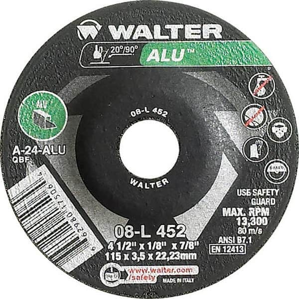WALTER Surface Technologies - 24 Grit, 4-1/2" Wheel Diam, 1/8" Wheel Thickness, 7/8" Arbor Hole, Type 27 Depressed Center Wheel - Aluminum Oxide, Resinoid Bond, 13,300 Max RPM - Americas Industrial Supply