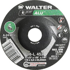 WALTER Surface Technologies - 24 Grit, 4-1/2" Wheel Diam, 1/8" Wheel Thickness, 7/8" Arbor Hole, Type 27 Depressed Center Wheel - Aluminum Oxide, Resinoid Bond, 13,300 Max RPM - Americas Industrial Supply