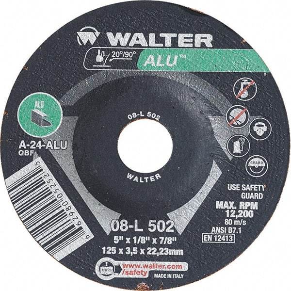WALTER Surface Technologies - 24 Grit, 5" Wheel Diam, 1/8" Wheel Thickness, 7/8" Arbor Hole, Type 27 Depressed Center Wheel - Aluminum Oxide, Resinoid Bond, 12,200 Max RPM - Americas Industrial Supply