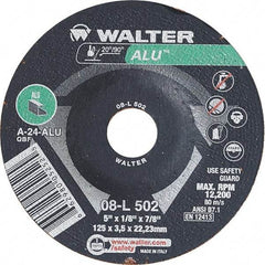 WALTER Surface Technologies - 24 Grit, 5" Wheel Diam, 1/8" Wheel Thickness, 7/8" Arbor Hole, Type 27 Depressed Center Wheel - Aluminum Oxide, Resinoid Bond, 12,200 Max RPM - Americas Industrial Supply