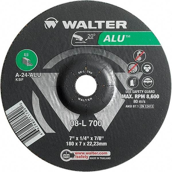 WALTER Surface Technologies - 24 Grit, 7" Wheel Diam, 1/4" Wheel Thickness, 7/8" Arbor Hole, Type 27 Depressed Center Wheel - Aluminum Oxide, Resinoid Bond, 8,600 Max RPM - Americas Industrial Supply