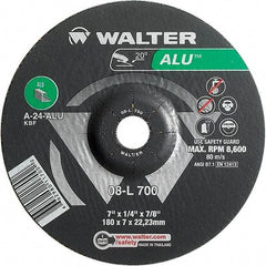 WALTER Surface Technologies - 24 Grit, 7" Wheel Diam, 1/4" Wheel Thickness, 7/8" Arbor Hole, Type 27 Depressed Center Wheel - Aluminum Oxide, Resinoid Bond, 8,600 Max RPM - Americas Industrial Supply