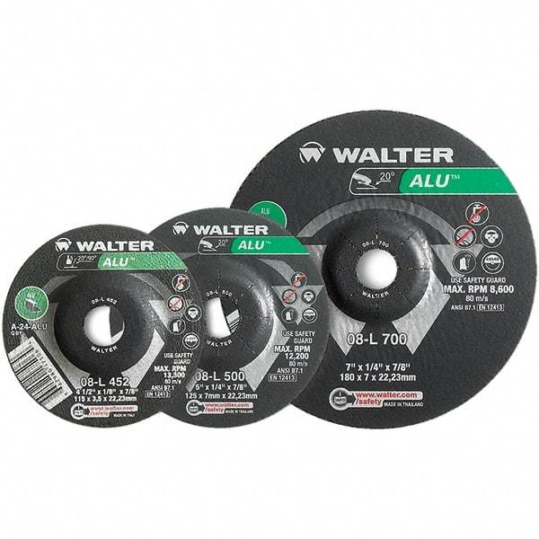 WALTER Surface Technologies - 24 Grit, 7" Wheel Diam, 1/4" Wheel Thickness, Type 27 Depressed Center Wheel - Aluminum Oxide, Resinoid Bond, 8,600 Max RPM - Americas Industrial Supply