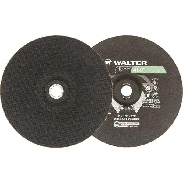 WALTER Surface Technologies - 24 Grit, 9" Wheel Diam, 1/8" Wheel Thickness, 7/8" Arbor Hole, Type 27 Depressed Center Wheel - Aluminum Oxide, Resinoid Bond, 6,600 Max RPM - Americas Industrial Supply