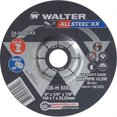 WALTER Surface Technologies - 24 Grit, 6" Wheel Diam, 1/4" Wheel Thickness, 7/8" Arbor Hole, Type 27 Depressed Center Wheel - Aluminum Oxide, Resinoid Bond, 10,200 Max RPM - Americas Industrial Supply