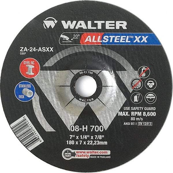 WALTER Surface Technologies - 24 Grit, 7" Wheel Diam, 1/8" Wheel Thickness, 7/8" Arbor Hole, Type 27 Depressed Center Wheel - Aluminum Oxide, Resinoid Bond, 8,600 Max RPM - Americas Industrial Supply