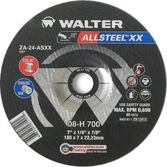 WALTER Surface Technologies - 24 Grit, 7" Wheel Diam, 1/8" Wheel Thickness, 7/8" Arbor Hole, Type 27 Depressed Center Wheel - Aluminum Oxide, Resinoid Bond, 8,600 Max RPM - Americas Industrial Supply
