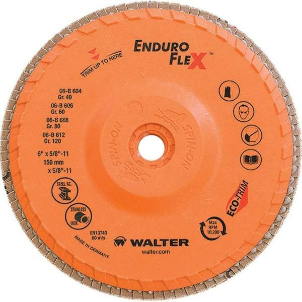 WALTER Surface Technologies - 80 Grit, 6" Disc Diam, 5/8-11 Center Hole, Type 28 Ceramic Flap Disc - 10,200 Max RPM, Plastic Backing, Arbor Attaching System, Coated - Americas Industrial Supply