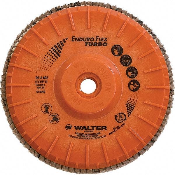 WALTER Surface Technologies - 36 & 60 Grit, 6" Disc Diam, 5/8-11 Center Hole, Type 28 Ceramic Flap Disc - 10,200 Max RPM, Plastic Backing, Arbor Attaching System, Coated - Americas Industrial Supply