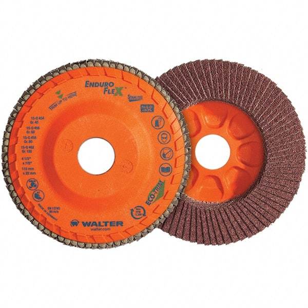 WALTER Surface Technologies - 120 Grit, 6" Disc Diam, 5/8-11 Center Hole, Type 28 Ceramic Flap Disc - 10,200 Max RPM, Plastic Backing, Arbor Attaching System, Coated - Americas Industrial Supply