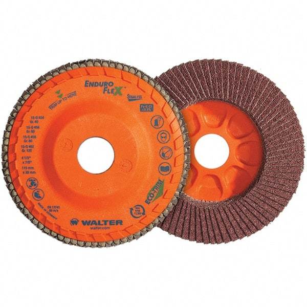 WALTER Surface Technologies - 80 Grit, 5" Disc Diam, 7/8" Center Hole, Type 28 Ceramic Flap Disc - 12,200 Max RPM, Plastic Backing, Arbor Attaching System, Coated - Americas Industrial Supply