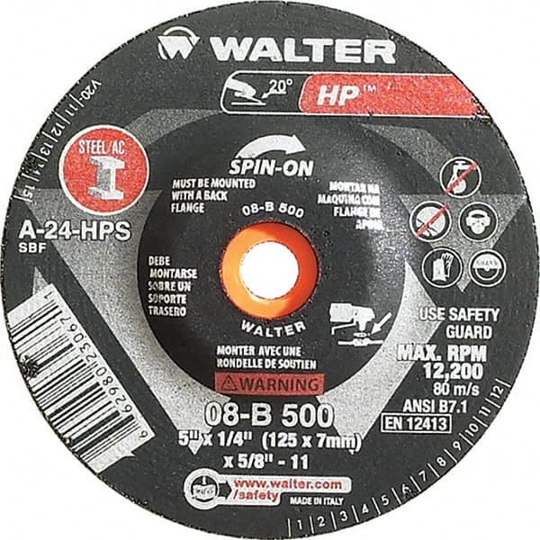 WALTER Surface Technologies - 24 Grit, 5" Wheel Diam, 1/4" Wheel Thickness, Type 27 Depressed Center Wheel - Aluminum Oxide, Resinoid Bond, 12,200 Max RPM - Americas Industrial Supply