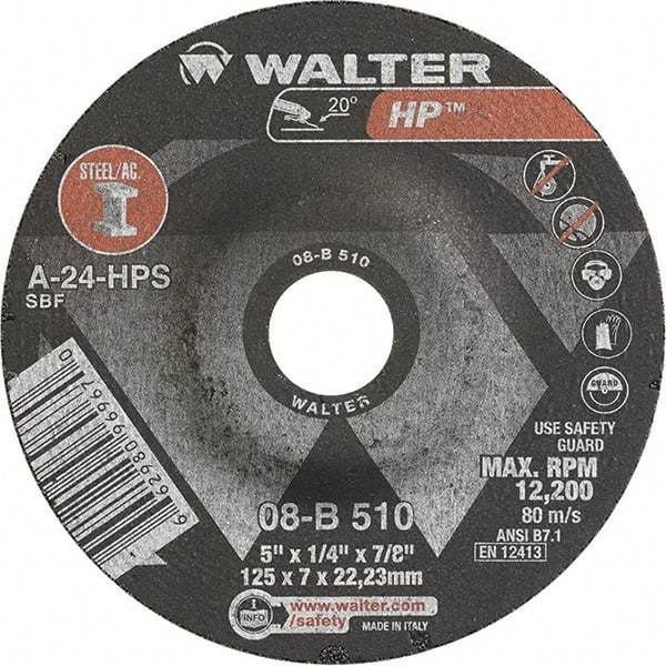 WALTER Surface Technologies - 24 Grit, 5" Wheel Diam, 1/4" Wheel Thickness, 7/8" Arbor Hole, Type 27 Depressed Center Wheel - Aluminum Oxide, Resinoid Bond, 12,200 Max RPM - Americas Industrial Supply
