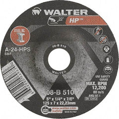 WALTER Surface Technologies - 24 Grit, 5" Wheel Diam, 1/4" Wheel Thickness, 7/8" Arbor Hole, Type 27 Depressed Center Wheel - Aluminum Oxide, Resinoid Bond, 12,200 Max RPM - Americas Industrial Supply