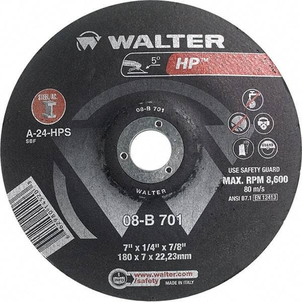 WALTER Surface Technologies - 24 Grit, 7" Wheel Diam, 1/4" Wheel Thickness, 7/8" Arbor Hole, Type 28 Depressed Center Wheel - Aluminum Oxide, Resinoid Bond, 8,600 Max RPM - Americas Industrial Supply