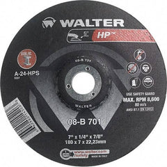 WALTER Surface Technologies - 24 Grit, 7" Wheel Diam, 1/4" Wheel Thickness, 7/8" Arbor Hole, Type 28 Depressed Center Wheel - Aluminum Oxide, Resinoid Bond, 8,600 Max RPM - Americas Industrial Supply