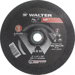WALTER Surface Technologies - 24 Grit, 9" Wheel Diam, 1/4" Wheel Thickness, 7/8" Arbor Hole, Type 28 Depressed Center Wheel - Aluminum Oxide, Resinoid Bond, 6,600 Max RPM - Americas Industrial Supply