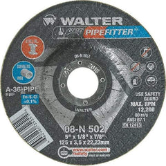 WALTER Surface Technologies - 36 Grit, 5" Wheel Diam, 1/8" Wheel Thickness, 7/8" Arbor Hole, Type 27 Depressed Center Wheel - Aluminum Oxide/Silicon Carbide Blend, Resinoid Bond, 12,200 Max RPM, Compatible with Angle Grinder - Americas Industrial Supply