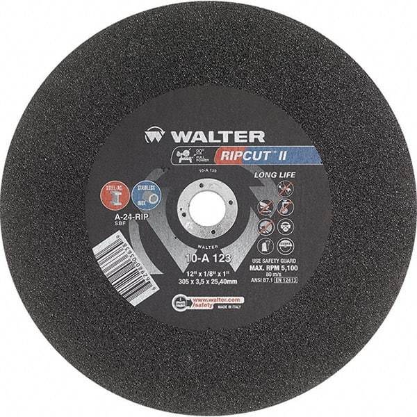 WALTER Surface Technologies - 12" 24 Grit Aluminum Oxide Cutoff Wheel - 1/8" Thick, 1" Arbor, 5,100 Max RPM, Use with Stationary Tools - Americas Industrial Supply