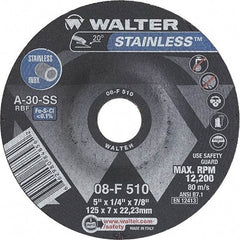 WALTER Surface Technologies - 30 Grit, 5" Wheel Diam, 1/4" Wheel Thickness, 7/8" Arbor Hole, Type 27 Depressed Center Wheel - Aluminum Oxide, Resinoid Bond, 12,200 Max RPM - Americas Industrial Supply