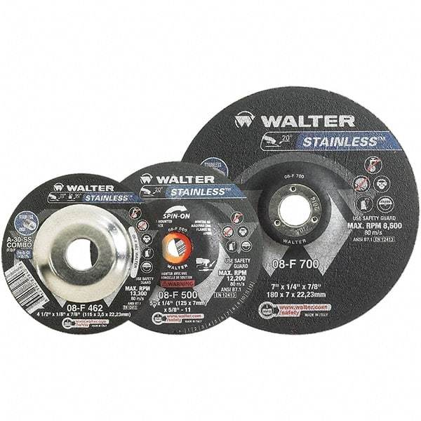 WALTER Surface Technologies - 30 Grit, 6" Wheel Diam, 1/8" Wheel Thickness, 7/8" Arbor Hole, Type 27 Depressed Center Wheel - Aluminum Oxide, Resinoid Bond, 10,200 Max RPM - Americas Industrial Supply