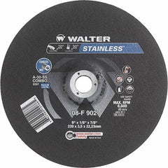 WALTER Surface Technologies - 30 Grit, 9" Wheel Diam, 1/8" Wheel Thickness, 7/8" Arbor Hole, Type 27 Depressed Center Wheel - Aluminum Oxide, Resinoid Bond, 6,600 Max RPM - Americas Industrial Supply