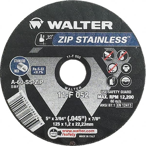 WALTER Surface Technologies - 5" 60 Grit Aluminum Oxide/Silicon Carbide Blend Cutoff Wheel - 3/64" Thick, 7/8" Arbor, 12,200 Max RPM, Use with Angle Grinders - Americas Industrial Supply