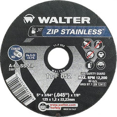 WALTER Surface Technologies - 5" 60 Grit Aluminum Oxide/Silicon Carbide Blend Cutoff Wheel - 3/64" Thick, 7/8" Arbor, 12,200 Max RPM, Use with Angle Grinders - Americas Industrial Supply