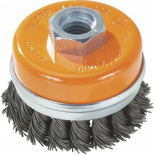 WALTER Surface Technologies - 3" Diam, 1/2-13 Threaded Arbor, Steel Fill Cup Brush - 0.02 Wire Diam, 12,000 Max RPM - Americas Industrial Supply