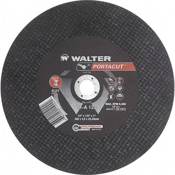 WALTER Surface Technologies - 12" 24 Grit Aluminum Oxide Cutoff Wheel - 1/8" Thick, 1" Arbor, 6,300 Max RPM, Use with Electric & Gas Powered Saws - Americas Industrial Supply