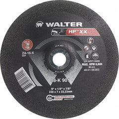 WALTER Surface Technologies - 16 Grit, 9" Wheel Diam, 1/4" Wheel Thickness, 7/8" Arbor Hole, Type 28 Depressed Center Wheel - Aluminum Oxide, Resinoid Bond, 6,600 Max RPM - Americas Industrial Supply