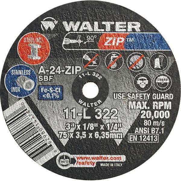WALTER Surface Technologies - 3" 24 Grit Aluminum Oxide Cutoff Wheel - 1/8" Thick, 1/4" Arbor, 25,470 Max RPM, Use with Die Grinders - Americas Industrial Supply