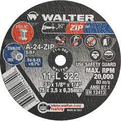 WALTER Surface Technologies - 3" 24 Grit Aluminum Oxide Cutoff Wheel - 1/8" Thick, 1/4" Arbor, 25,470 Max RPM, Use with Die Grinders - Americas Industrial Supply