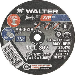 WALTER Surface Technologies - 3" 60 Grit Aluminum Oxide Cutoff Wheel - 1/32" Thick, 1/4" Arbor, 25,470 Max RPM, Use with Die Grinders - Americas Industrial Supply