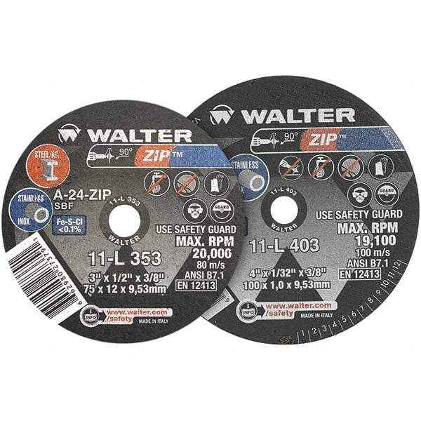 WALTER Surface Technologies - 3" 24 Grit Aluminum Oxide Cutoff Wheel - 1/8" Thick, 3/8" Arbor, 25,470 Max RPM, Use with Die Grinders - Americas Industrial Supply