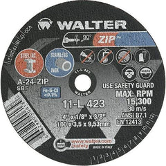 WALTER Surface Technologies - 4" 24 Grit Aluminum Oxide Cutoff Wheel - 1/8" Thick, 3/8" Arbor, 19,100 Max RPM, Use with Die Grinders - Americas Industrial Supply