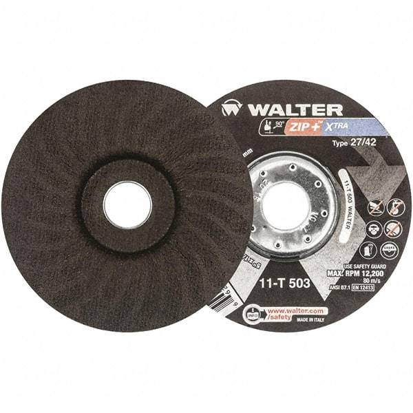 WALTER Surface Technologies - 46 Grit, 5" Wheel Diam, 1/16" Wheel Thickness, 7/8" Arbor Hole, Type 27 Depressed Center Wheel - Aluminum Oxide, Resinoid Bond, 12,200 Max RPM - Americas Industrial Supply