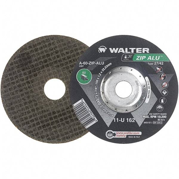 WALTER Surface Technologies - 60 Grit, 6" Wheel Diam, 3/64" Wheel Thickness, 7/8" Arbor Hole, Type 27 Depressed Center Wheel - Aluminum Oxide, Resinoid Bond, 10,200 Max RPM - Americas Industrial Supply