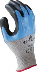 SHOWA - Size L (8), ANSI Cut Lvl 4, Puncture Lvl 2, Abrasion Lvl 3, Nitrile Coated HPPE Fiber/Stainless Steel Cut Resistant Gloves - Palm, Fingers & Knuckles Coated, Black/Blue, Paired - Americas Industrial Supply