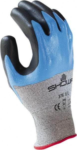 SHOWA - Size M (7), ANSI Cut Lvl 4, Puncture Lvl 2, Abrasion Lvl 3, Nitrile Coated HPPE Fiber/Stainless Steel Cut Resistant Gloves - Palm, Fingers & Knuckles Coated, Black/Blue, Paired - Americas Industrial Supply