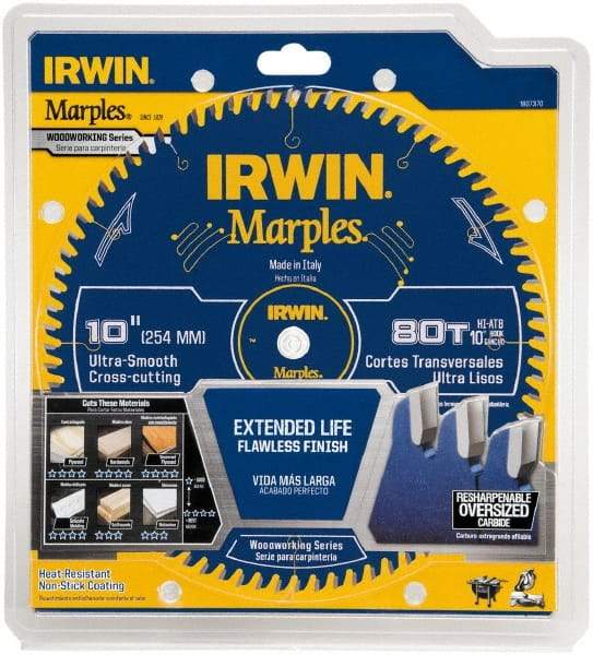 Irwin Blades - 10" Diam, 5/8" Arbor Hole Diam, 80 Tooth Wet & Dry Cut Saw Blade - Carbide-Tipped, Finishing Action, Standard Round Arbor - Americas Industrial Supply