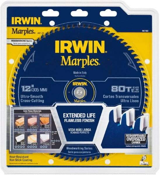 Irwin Blades - 12" Diam, 1" Arbor Hole Diam, 80 Tooth Wet & Dry Cut Saw Blade - Carbide-Tipped, Finishing Action, Standard Round Arbor - Americas Industrial Supply