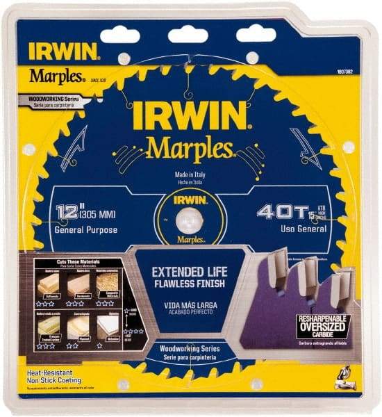 Irwin Blades - 12" Diam, 1" Arbor Hole Diam, 40 Tooth Wet & Dry Cut Saw Blade - Carbide-Tipped, Finishing Action, Standard Round Arbor - Americas Industrial Supply