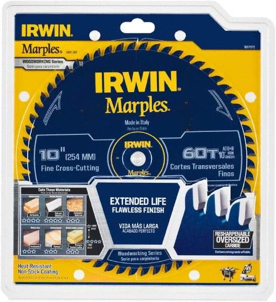 Irwin Blades - 10" Diam, 5/8" Arbor Hole Diam, 60 Tooth Wet & Dry Cut Saw Blade - Carbide-Tipped, Finishing Action, Standard Round Arbor - Americas Industrial Supply