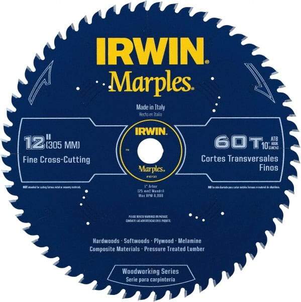 Irwin - 12" Diam, 1" Arbor Hole Diam, 60 Tooth Wet & Dry Cut Saw Blade - Carbide-Tipped, Finishing Action, Standard Round Arbor - Americas Industrial Supply