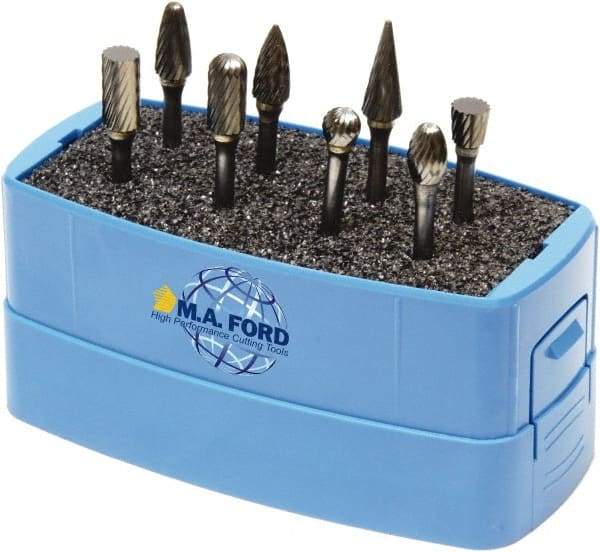 M.A. Ford - 8 Piece, 3mm Shank Burr Set - Solid Carbide, Multiple Head Shapes, 3° Included Angle - Americas Industrial Supply