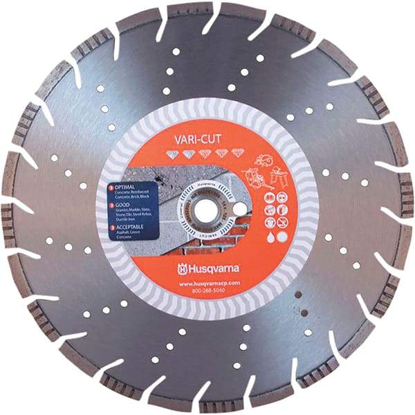 Husqvarna - 14" Diam, 25/32 & 1" Arbor Hole Diam, Continuous Edge Tooth Wet & Dry Cut Saw Blade - Diamond-Tipped, General Purpose Action, Standard Round Arbor - Americas Industrial Supply